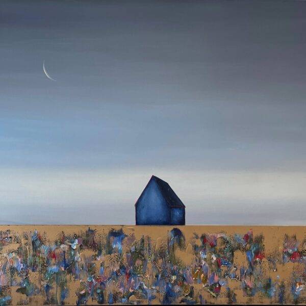 In Golden Fields Blue Barn Crescent Moon by  Marketa Sivek