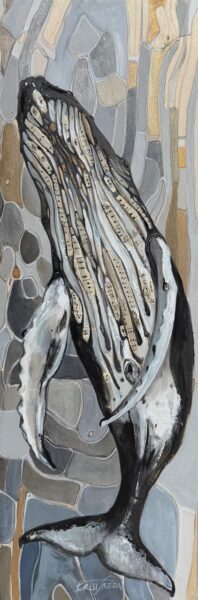 Humpback whale swimming in abstract art