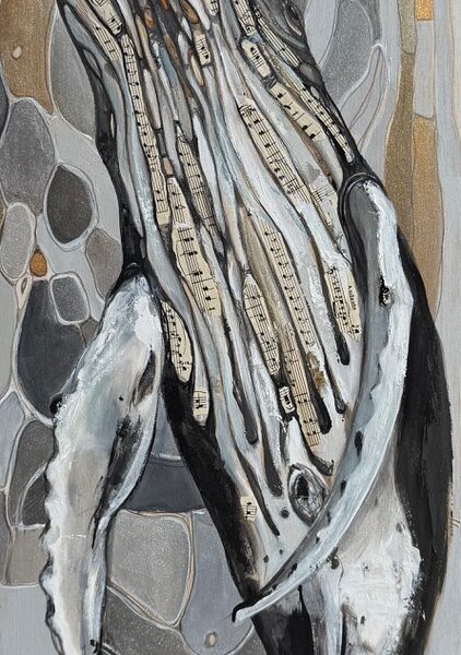 Humpback whale swimming in abstract art